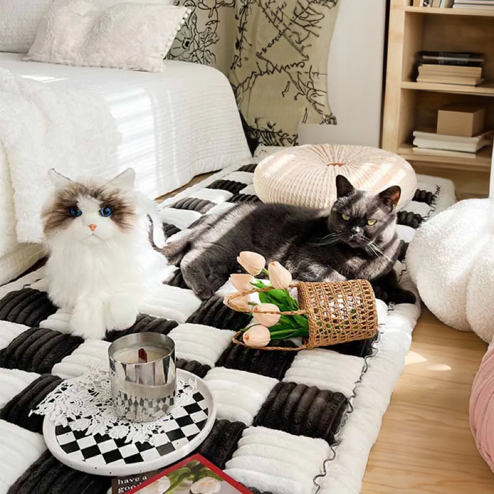 Cremefarbener großer karierten quadratischer fuzzy Haustier Hundematte Bett Ecksofa Couchbezug