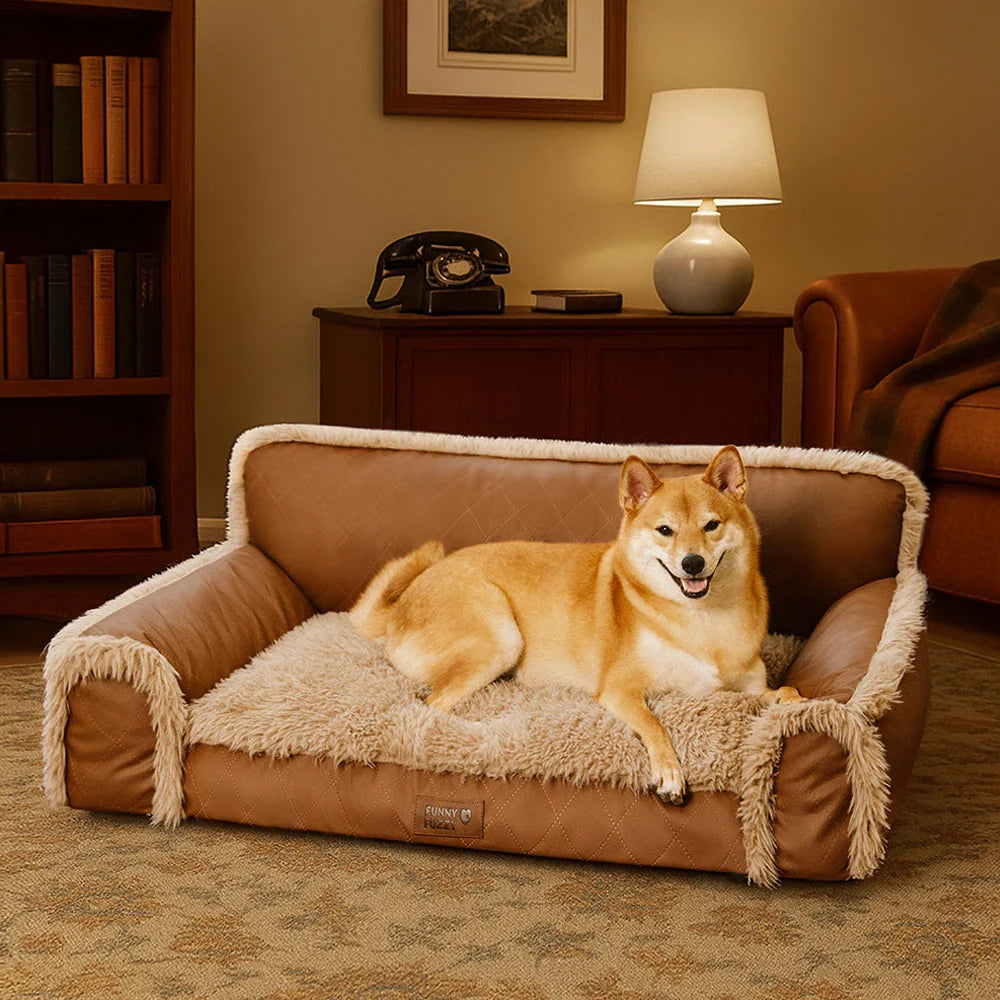 Orthopädisches Hundebett Luxe Kunstleder & Plüsch – Abnehmbarer Schwamm, Warm & Komfortabel