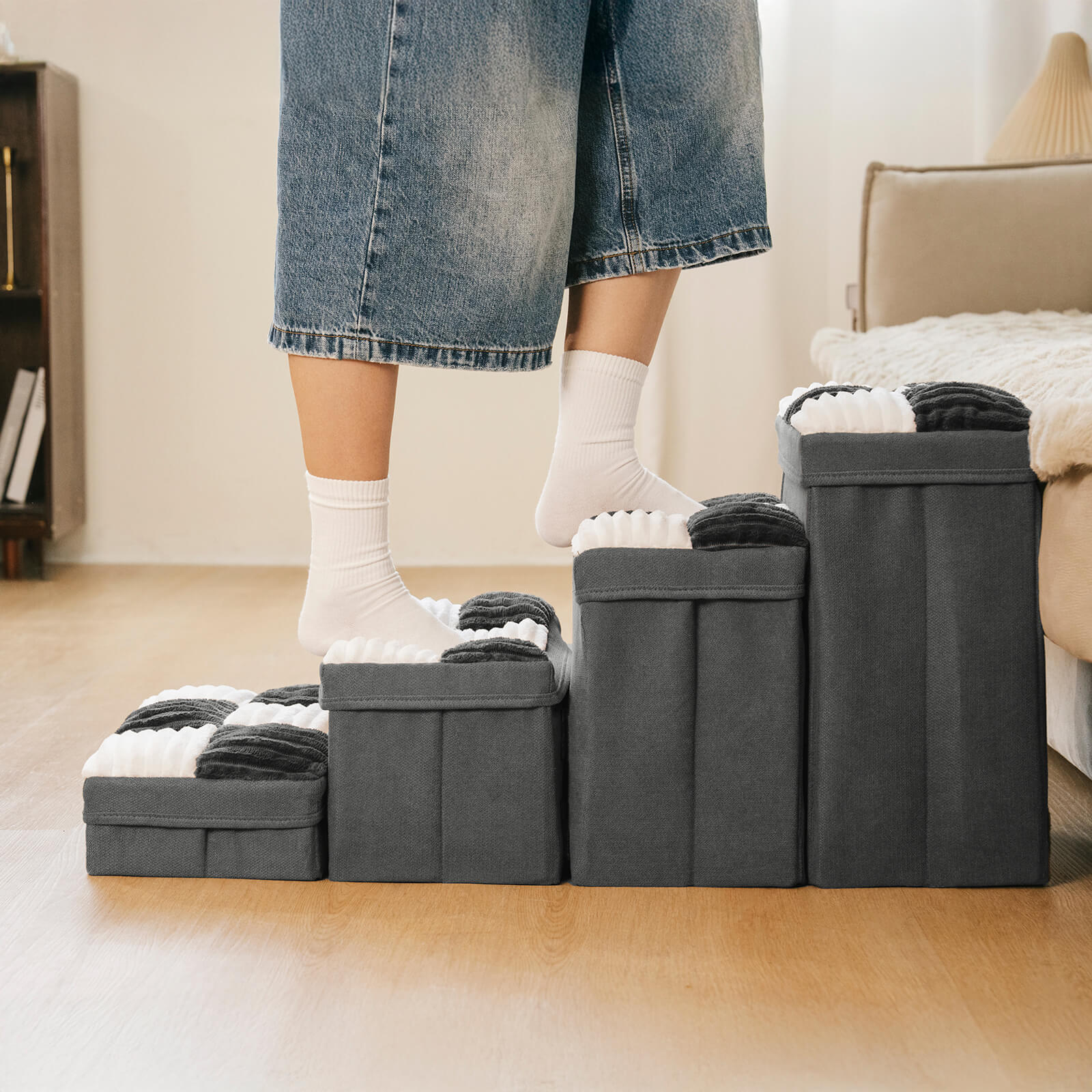 Abnehmbare Schachbrett-Plüsch-Handgefertigte Hundetreppe mit Stauraum - Klappbare Stufen