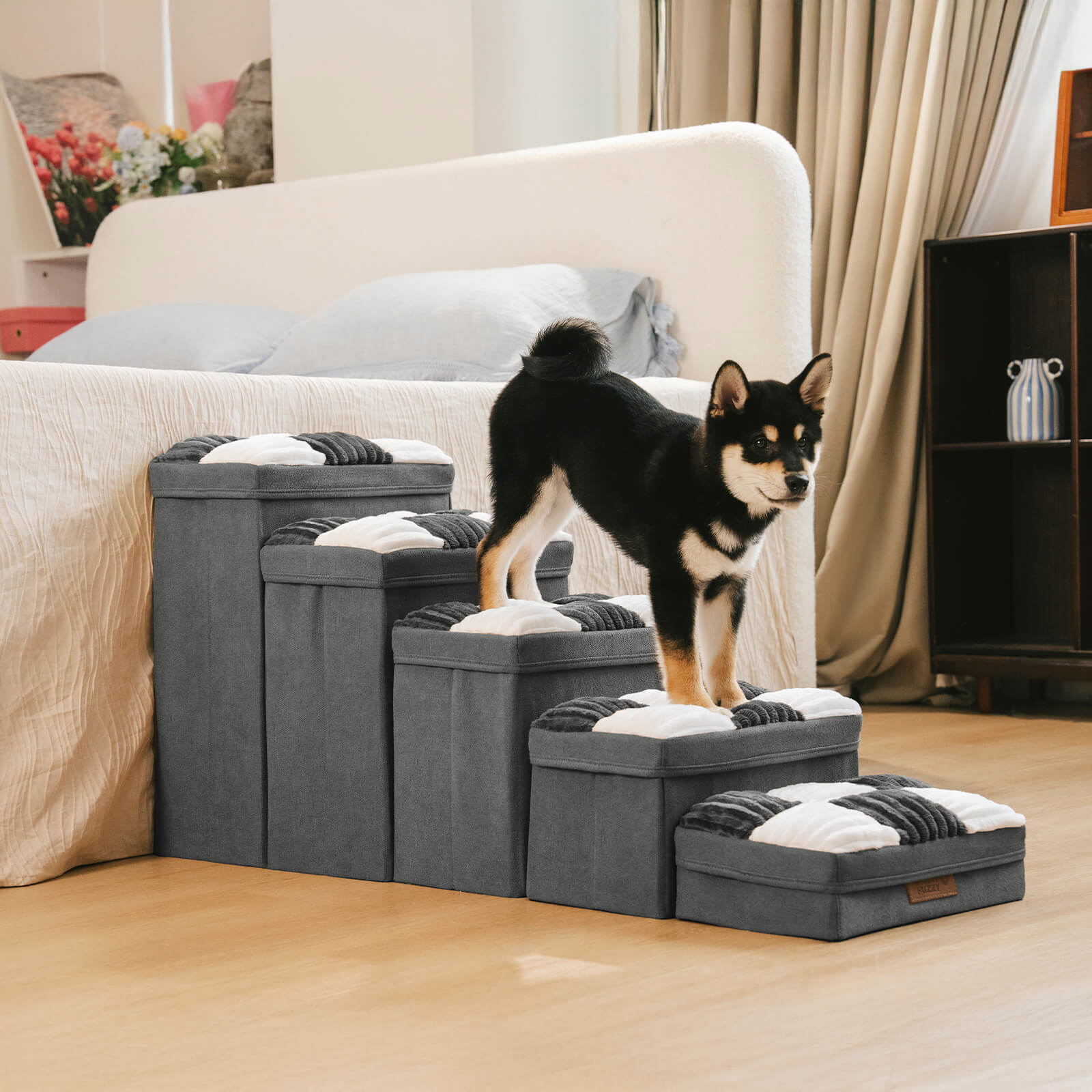 Abnehmbare Schachbrett-Plüsch-Handgefertigte Hundetreppe mit Stauraum - Klappbare Stufen