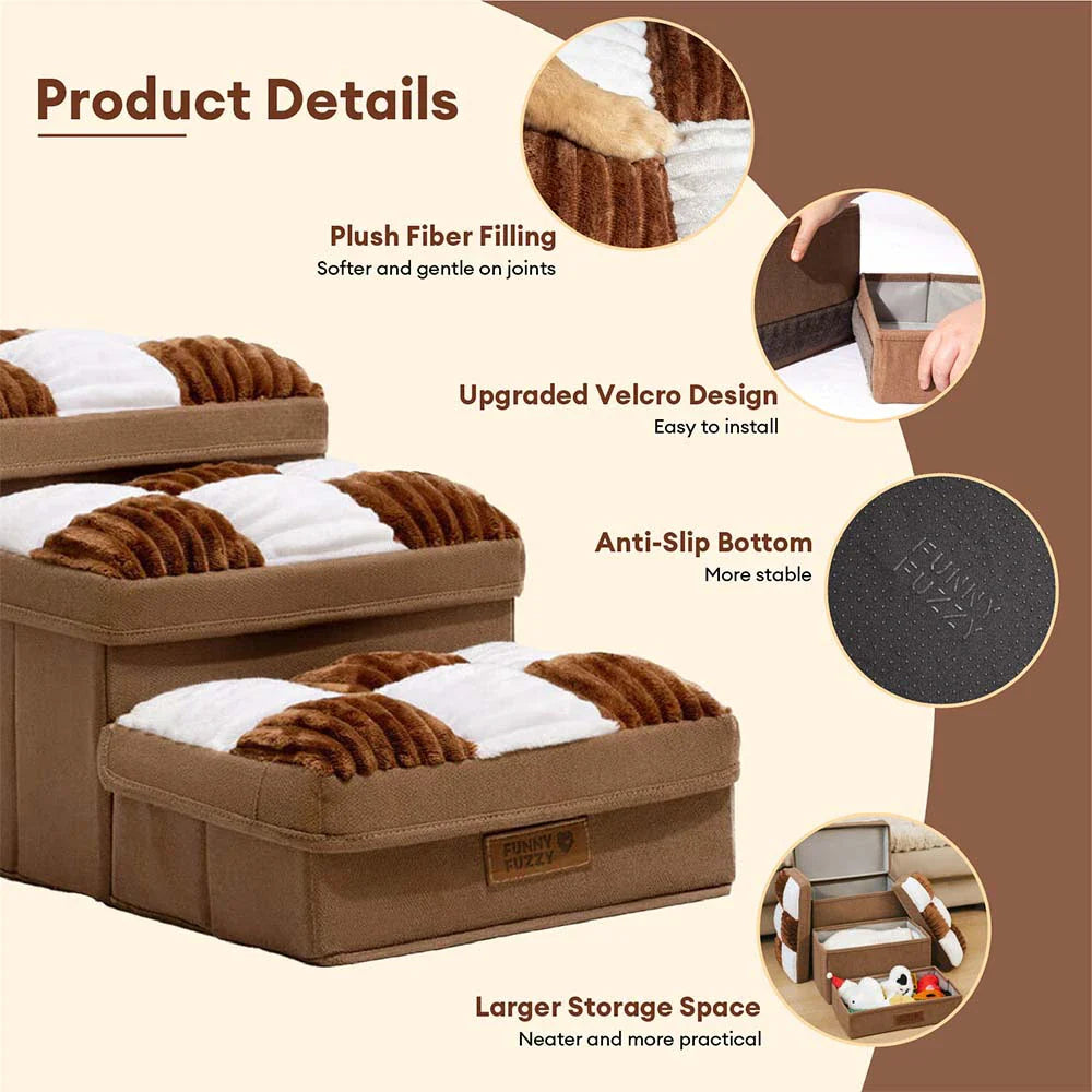 Abnehmbare Schachbrett-Plüsch-Handgefertigte Hundetreppe mit Stauraum - Klappbare Stufen