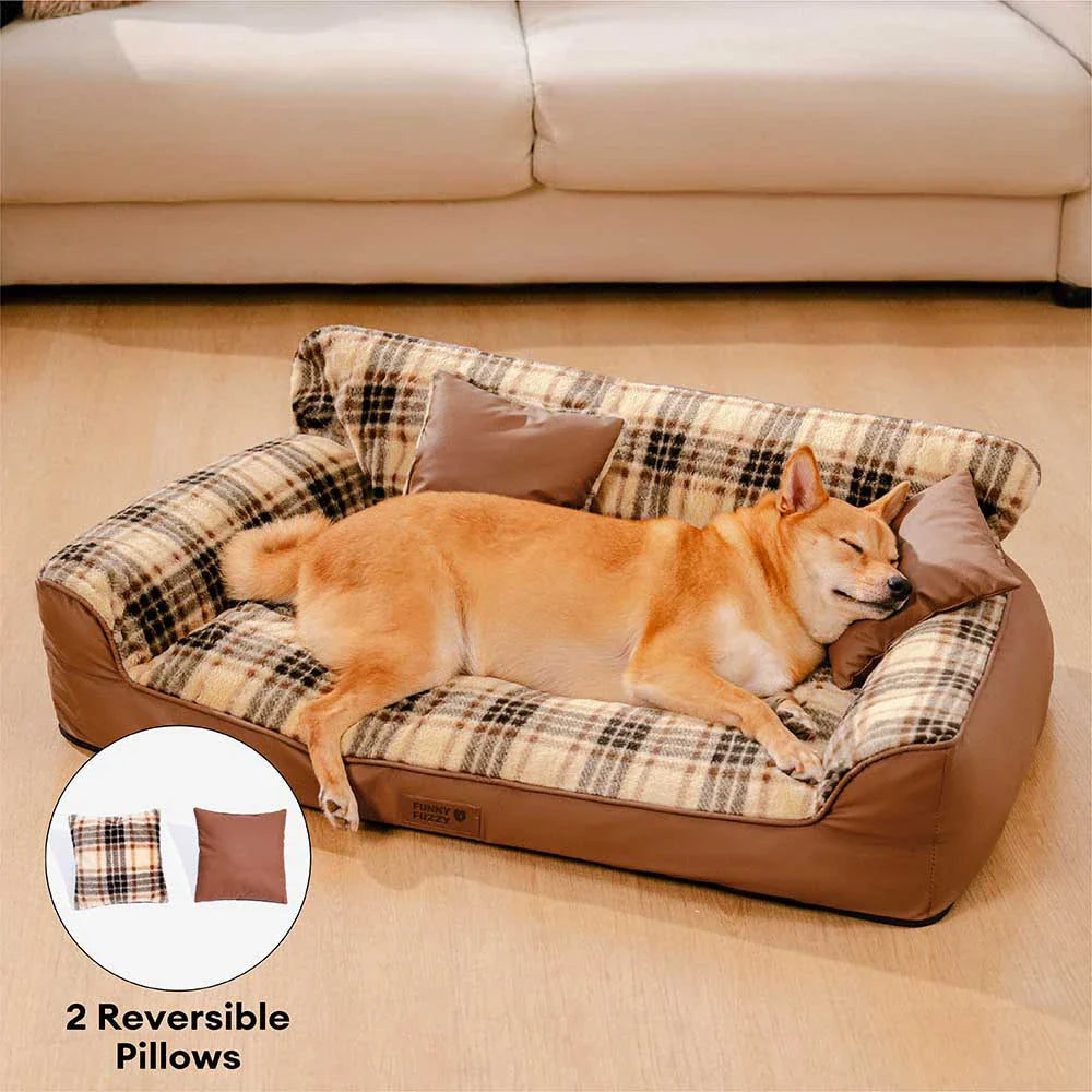 Vintage Karo Plüsch Orthopädisches Hundesofa-Bett mit Kissen - CozyLuxe
