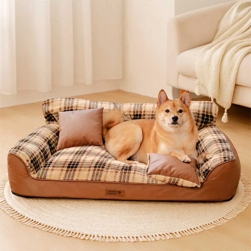 Vintage Karo Plüsch Orthopädisches Hundesofa-Bett mit Kissen - CozyLuxe