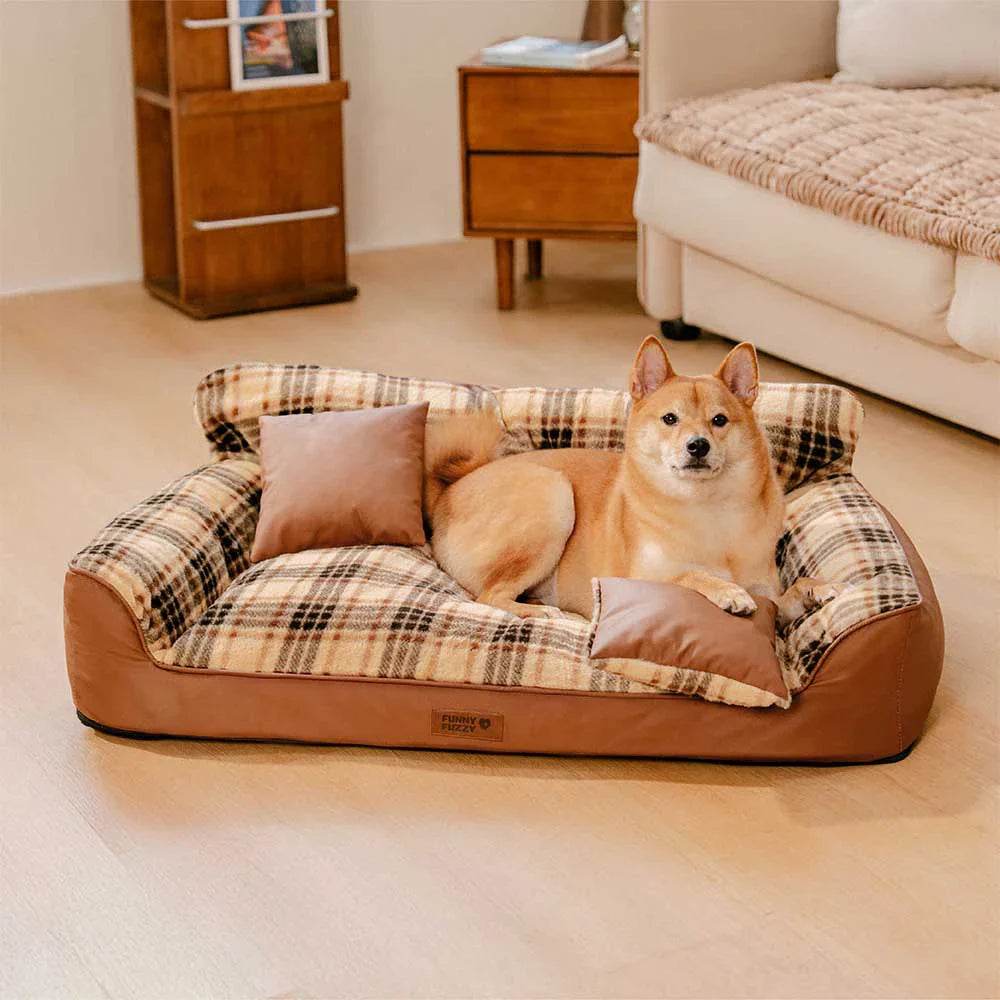 Vintage Karo Plüsch Orthopädisches Hundesofa-Bett mit Kissen - CozyLuxe