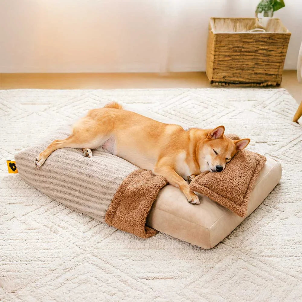Plüsch gestreifter Höhlenbedeckter orthopädischer Hundebett mit Kissen - FluffyWarm