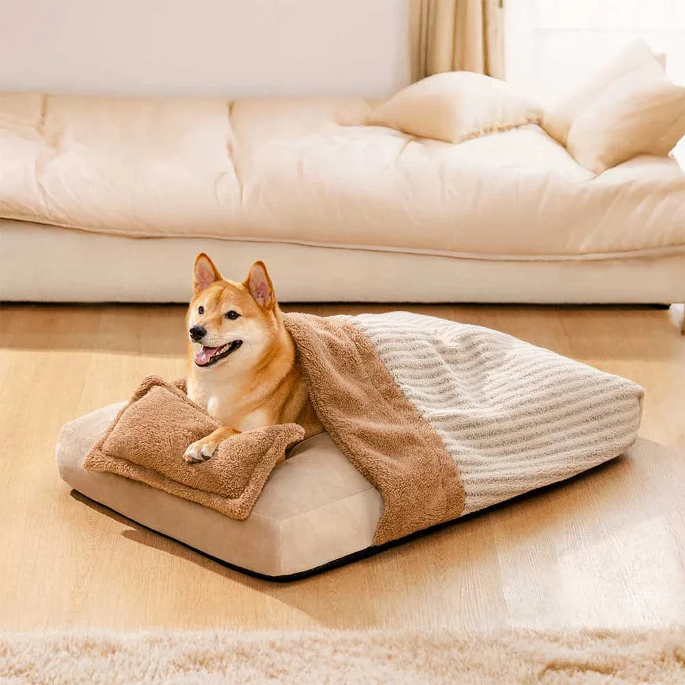 Plüsch gestreifter Höhlenbedeckter orthopädischer Hundebett mit Kissen - FluffyWarm