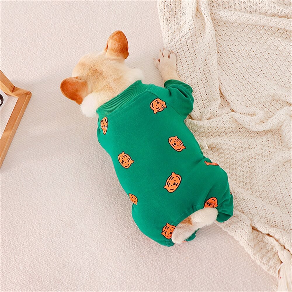 Grüner Hundepyjama mit Kürbis-Print – Gemütliche und festliche Nachtwäsche für Hunde