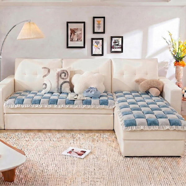 Cremefarbener großer karierten quadratischer fuzzy Haustier Hundematte Bett Ecksofa Couchbezug
