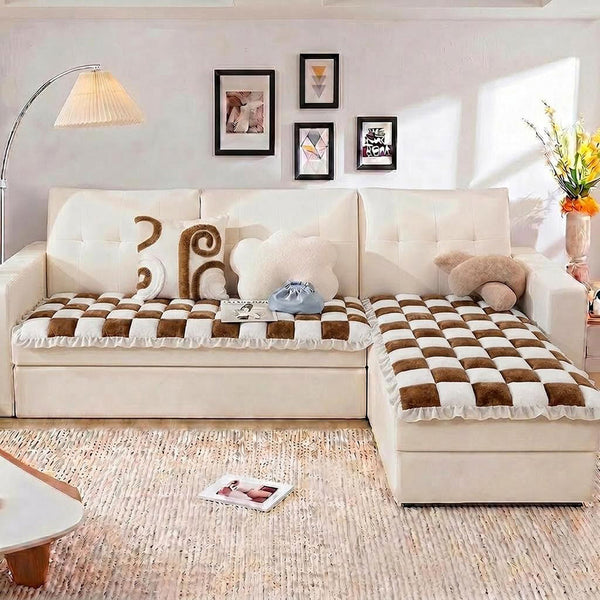 Cremefarbener großer karierten quadratischer fuzzy Haustier Hundematte Bett Ecksofa Couchbezug
