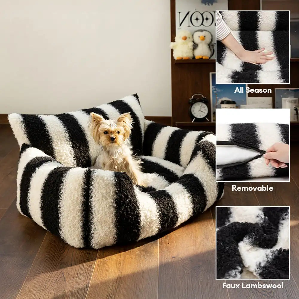 Weiches Hund- und Katzensofa aus schwarzer und weißer Faux-Lammwolle – Winter Klaviertasten