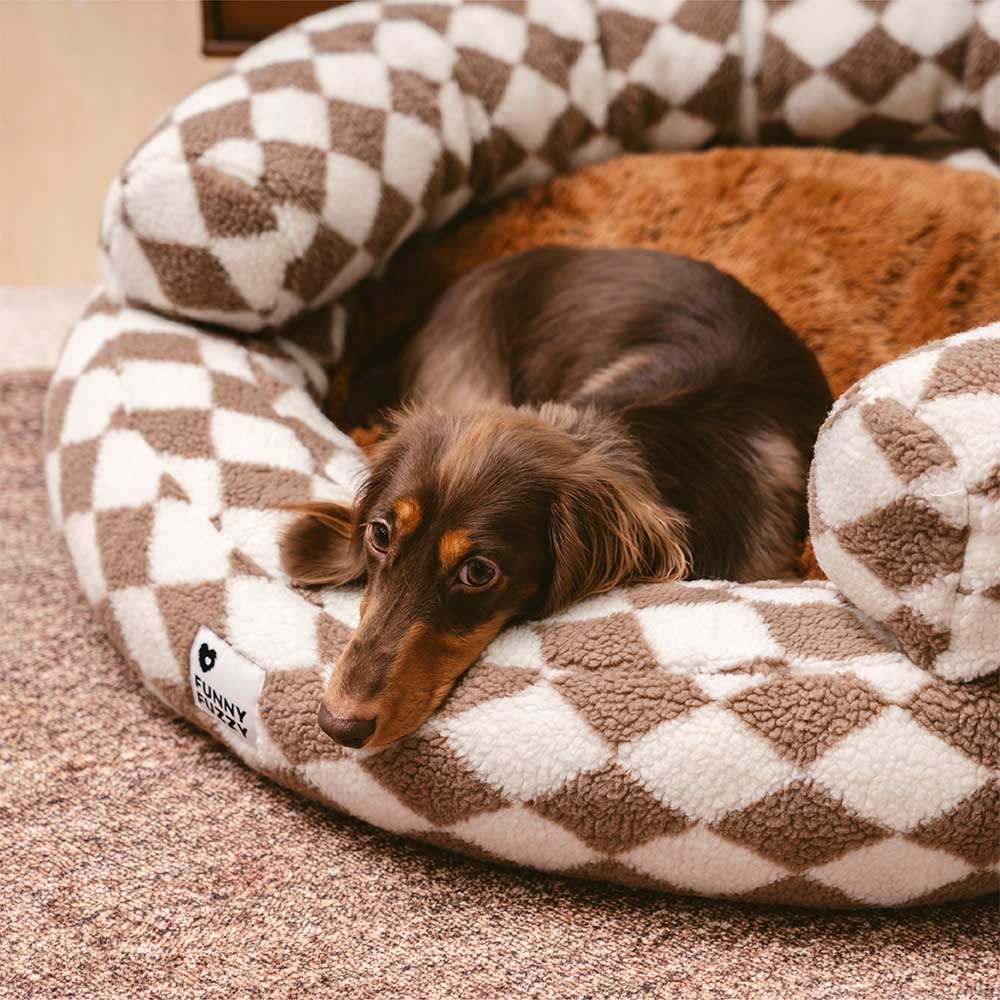 Klassisches Waschbares Hundebett mit Nackenrolle im Argyle-Stil in Donut-Form - Cozy Haven