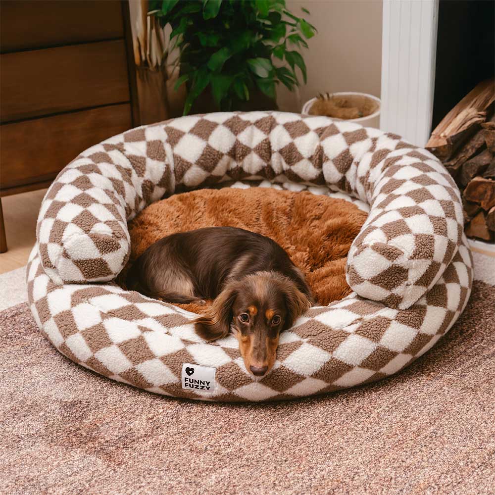 Klassisches Waschbares Hundebett mit Nackenrolle im Argyle-Stil in Donut-Form - Cozy Haven