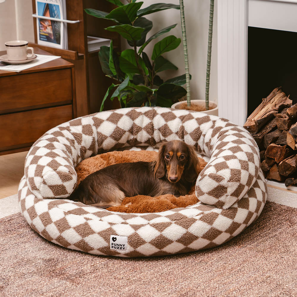 Klassisches Waschbares Hundebett mit Nackenrolle im Argyle-Stil in Donut-Form - Cozy Haven