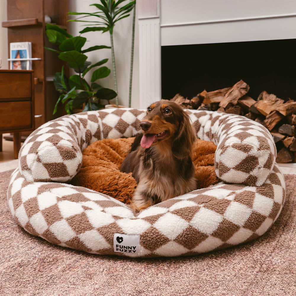 Klassisches Waschbares Hundebett mit Nackenrolle im Argyle-Stil in Donut-Form - Cozy Haven