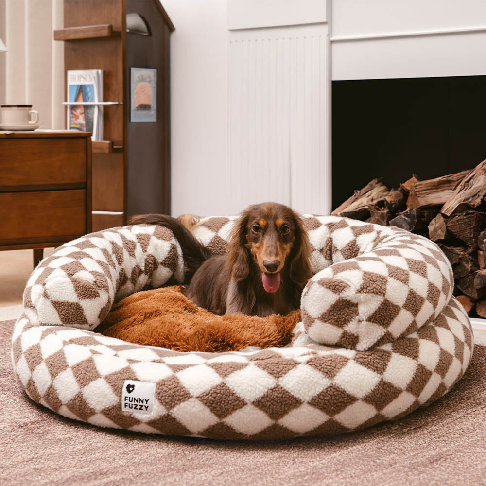 Klassisches Waschbares Hundebett mit Nackenrolle im Argyle-Stil in Donut-Form - Cozy Haven