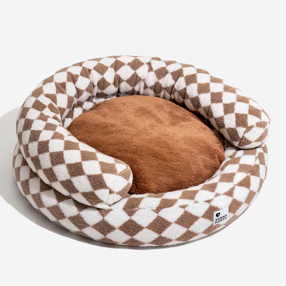 Klassisches Waschbares Hundebett mit Nackenrolle im Argyle-Stil in Donut-Form - Cozy Haven