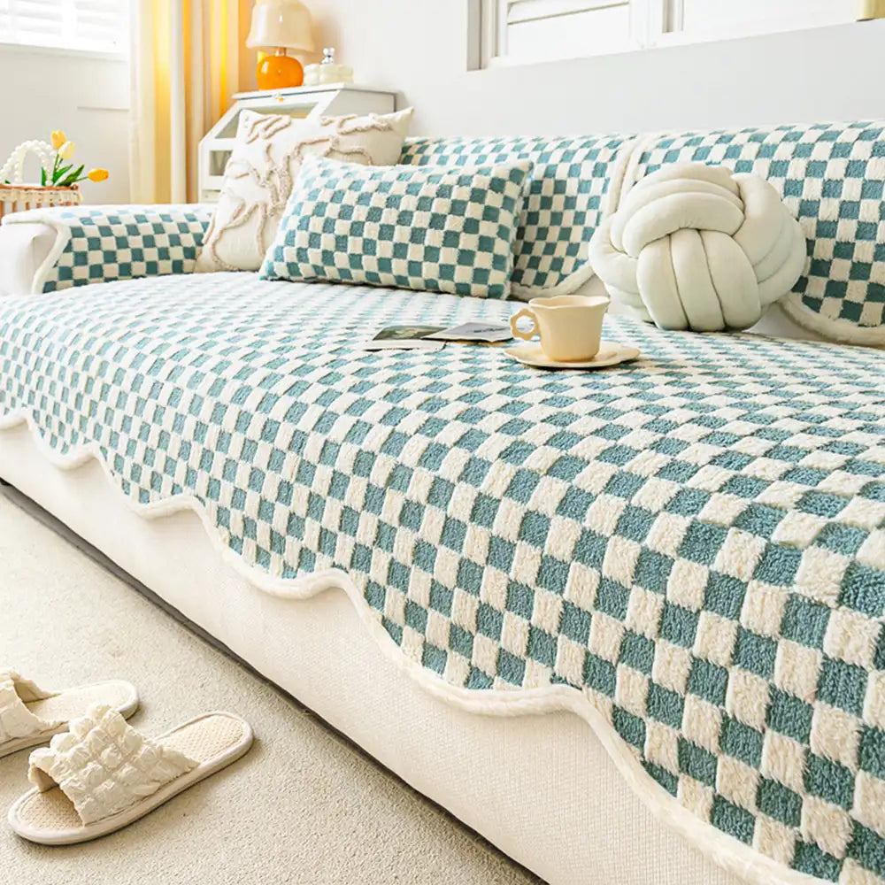 Klassische Schachbrett-Muster Plüsch bequemer, kratzfester, rutschfester Sofaüberzug