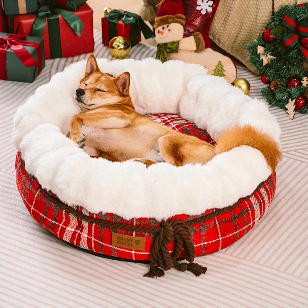 Klassisches Hundebett aus Jacquard-Plüsch in Donut-Form - Snuggle Den