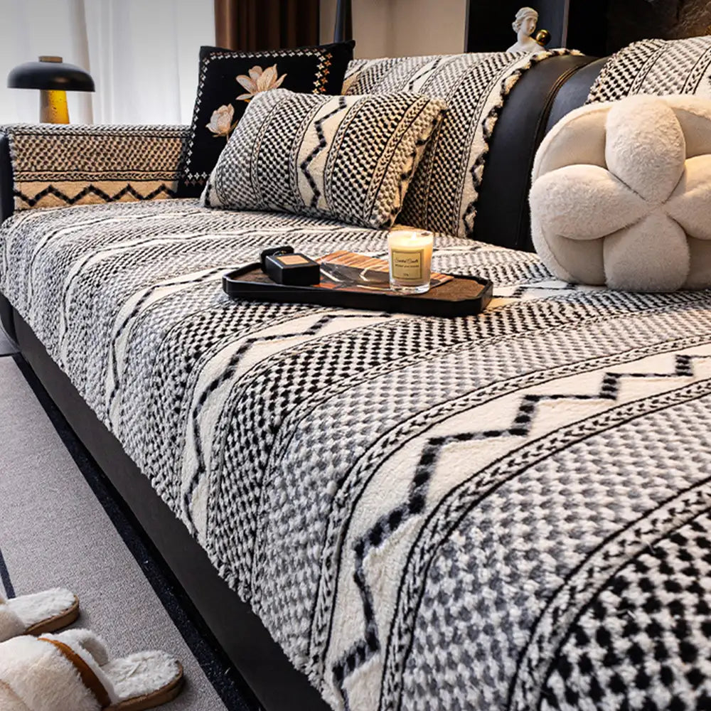 Klassischer Karomuster-Plüsch, kratzfest, bequem, rutschfester Sofabezug