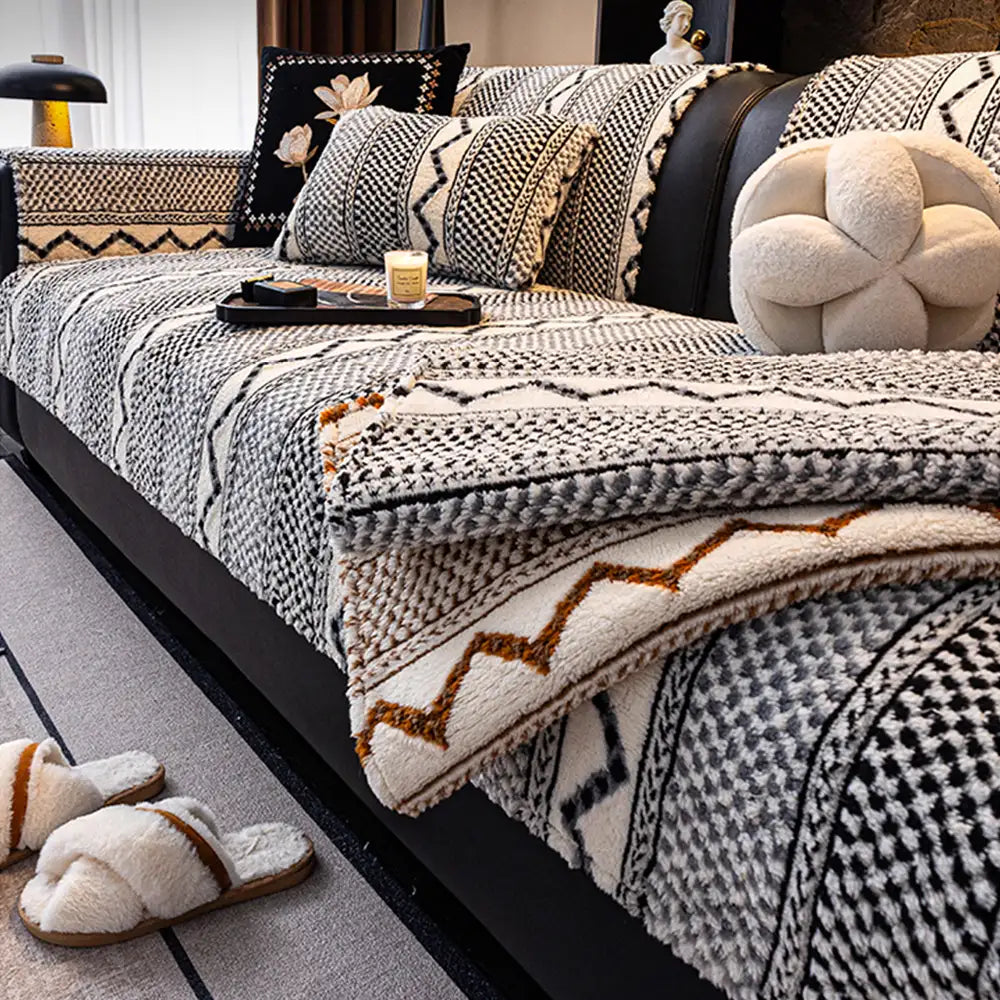 Klassischer Karomuster-Plüsch, kratzfest, bequem, rutschfester Sofabezug