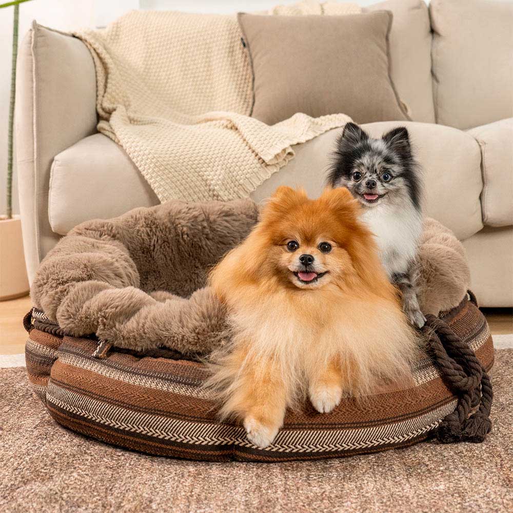 Klassisches Hundebett aus Jacquard-Plüsch in Donut-Form - Snuggle Den