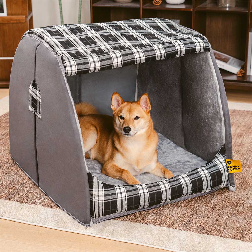 Klassisches Plaid-Haus orthopädisches Hundebett - Rückzugshütte