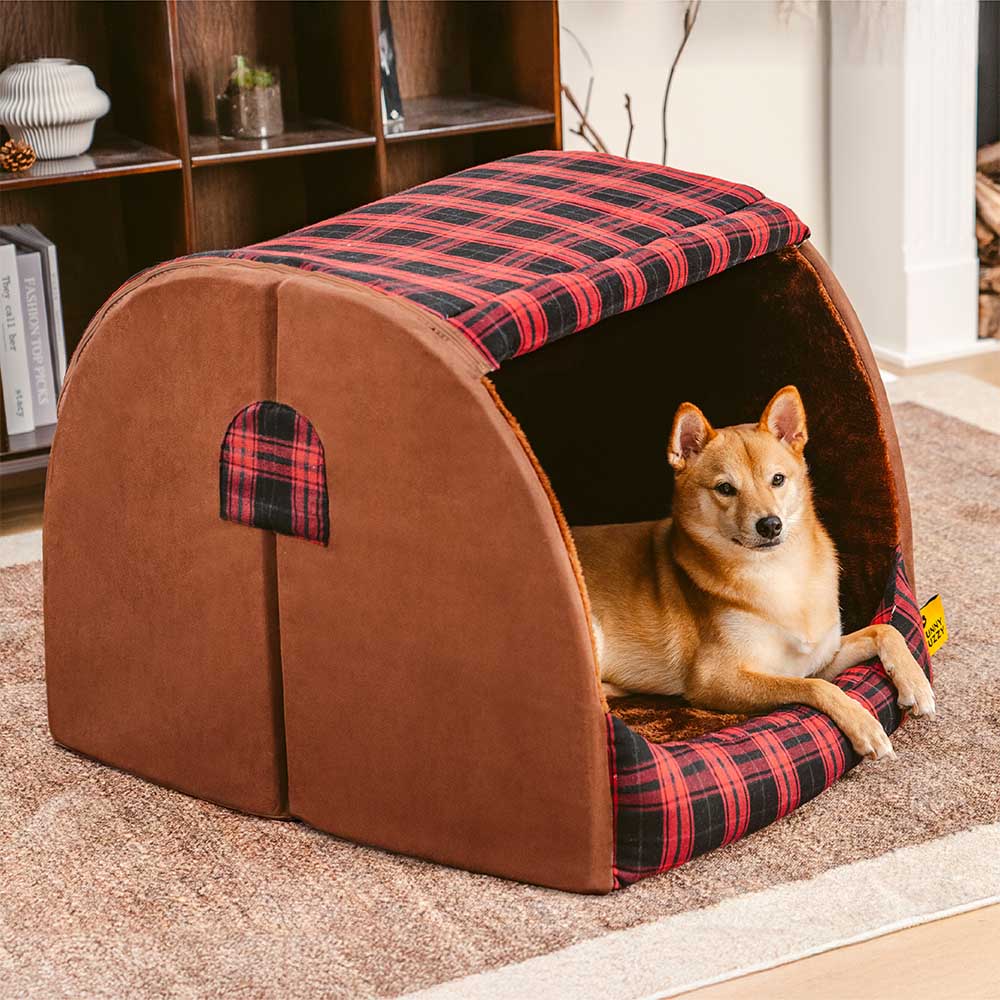 Klassisches Plaid-Haus orthopädisches Hundebett - Rückzugshütte