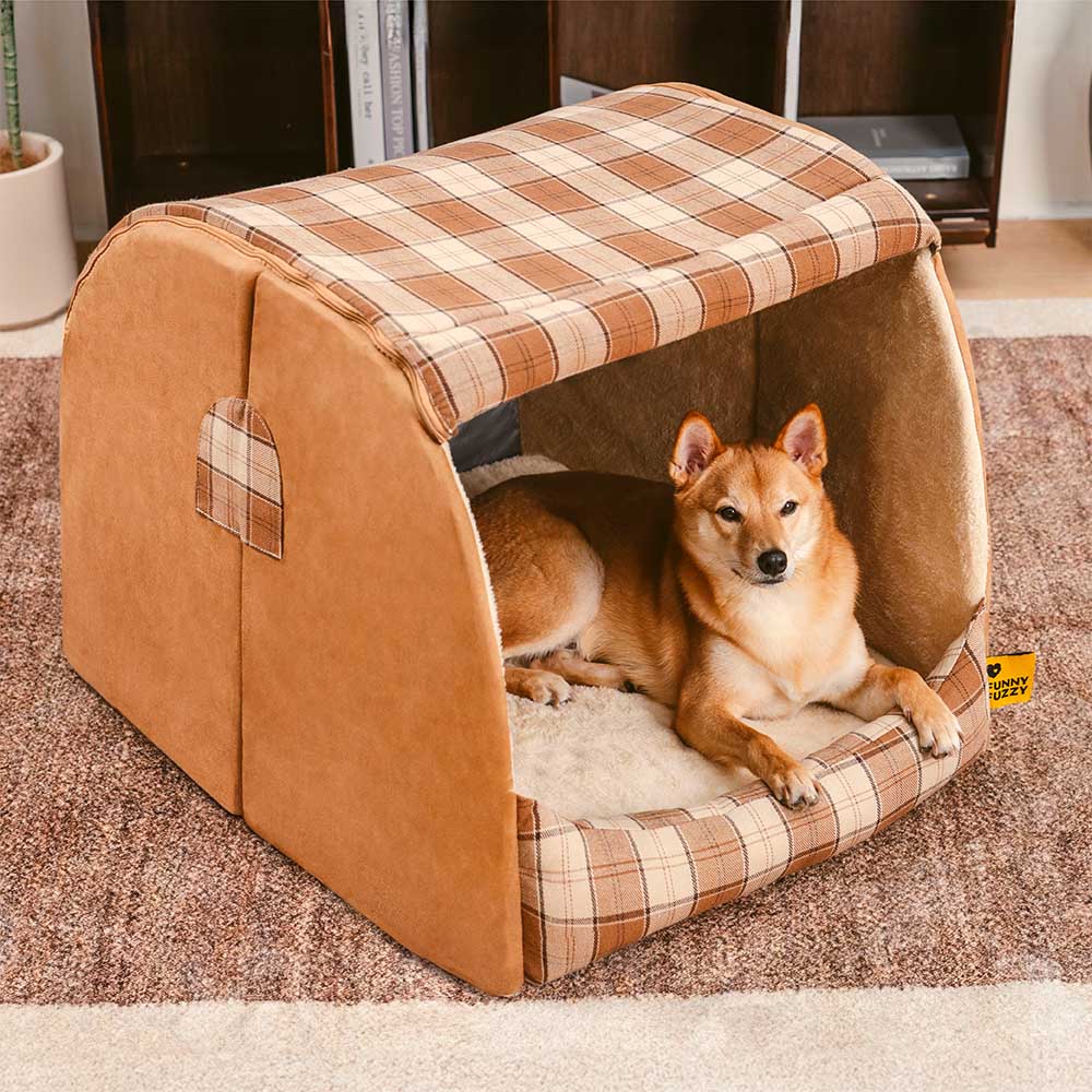 Klassisches Plaid-Haus orthopädisches Hundebett - Rückzugshütte