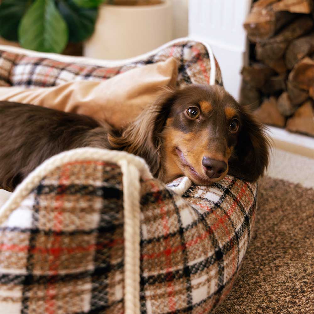 Klassisches Beruhigendes Hundebett im Retro-Karomuster mit abnehmbarer Nackenrolle - Nostalgic Retreat