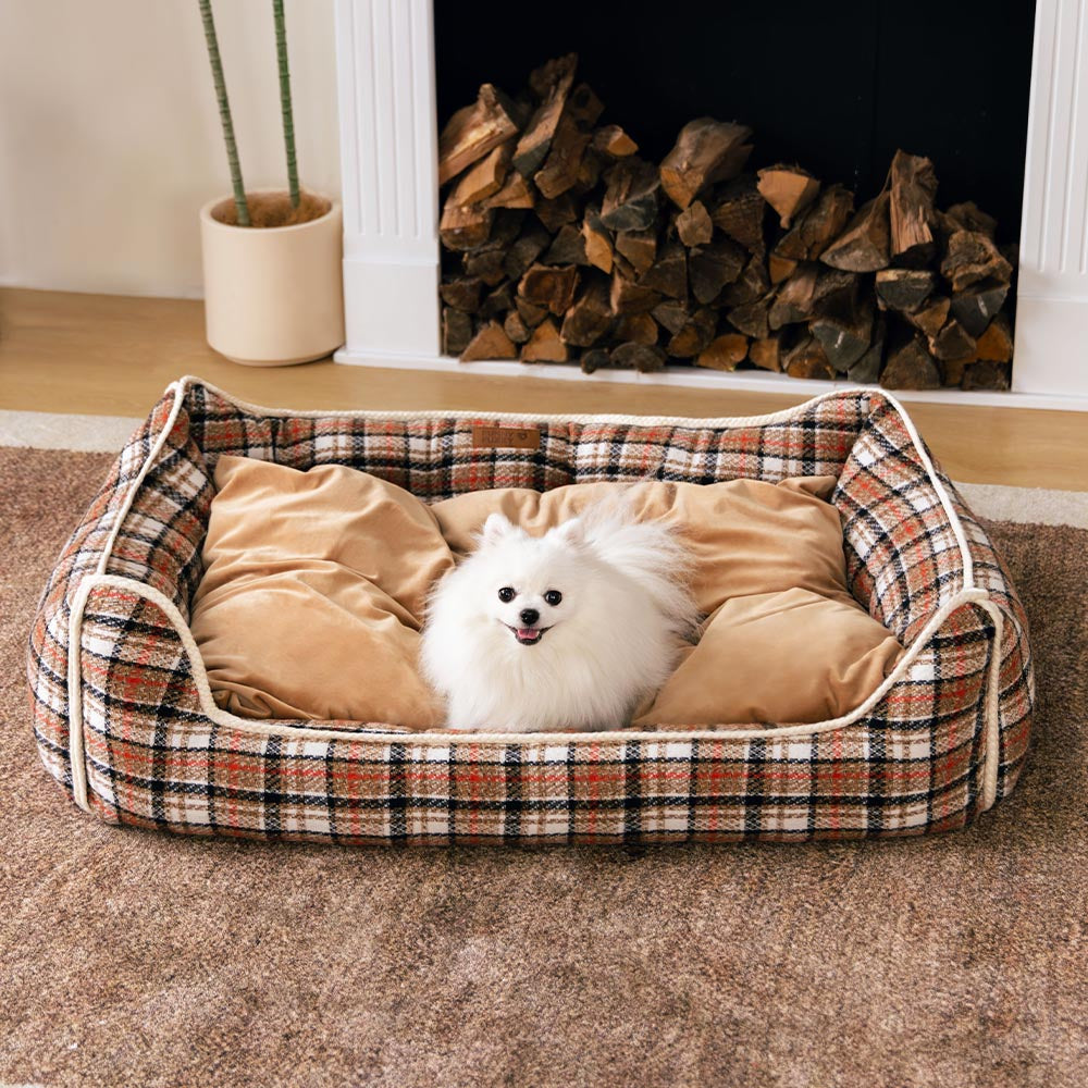 Klassisches Beruhigendes Hundebett im Retro-Karomuster mit abnehmbarer Nackenrolle - Nostalgic Retreat