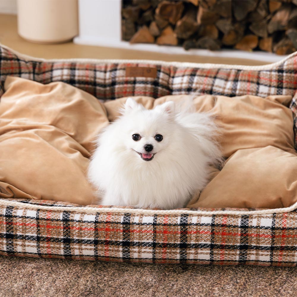 Klassisches Beruhigendes Hundebett im Retro-Karomuster mit abnehmbarer Nackenrolle - Nostalgic Retreat