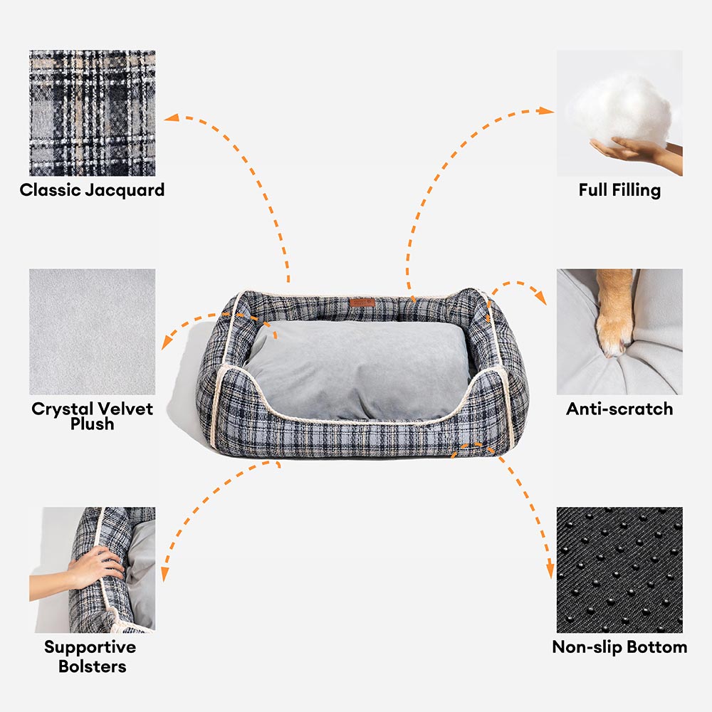 Klassisches Beruhigendes Hundebett im Retro-Karomuster mit abnehmbarer Nackenrolle - Nostalgic Retreat