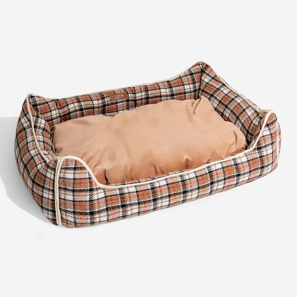 Klassisches Beruhigendes Hundebett im Retro-Karomuster mit abnehmbarer Nackenrolle - Nostalgic Retreat