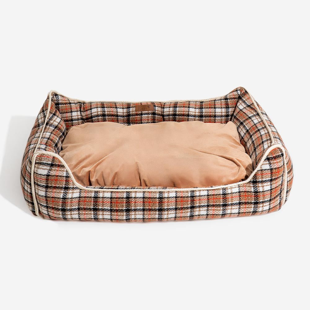 Klassisches Beruhigendes Hundebett im Retro-Karomuster mit abnehmbarer Nackenrolle - Nostalgic Retreat