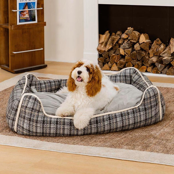 Klassisches Beruhigendes Hundebett im Retro-Karomuster mit abnehmbarer Nackenrolle - Nostalgic Retreat