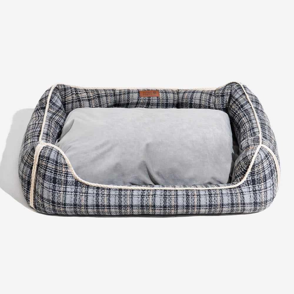 Klassisches Beruhigendes Hundebett im Retro-Karomuster mit abnehmbarer Nackenrolle - Nostalgic Retreat