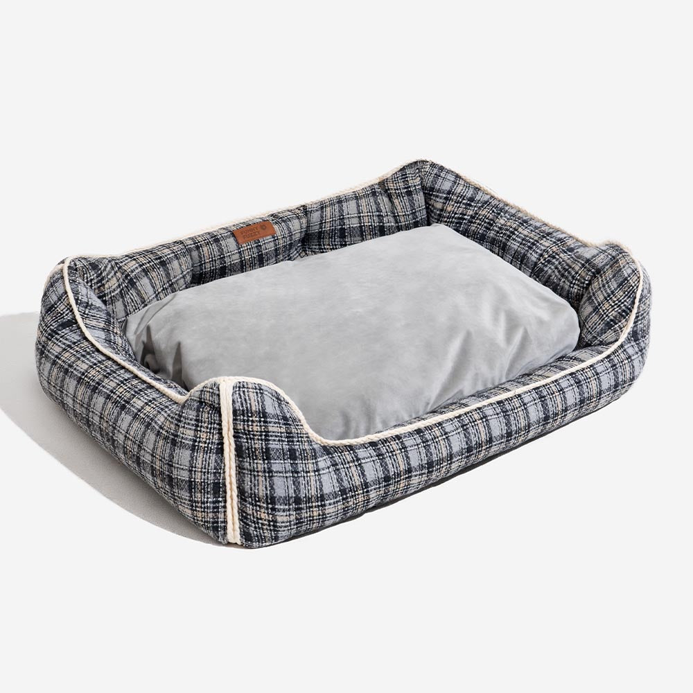 Klassisches Beruhigendes Hundebett im Retro-Karomuster mit abnehmbarer Nackenrolle - Nostalgic Retreat