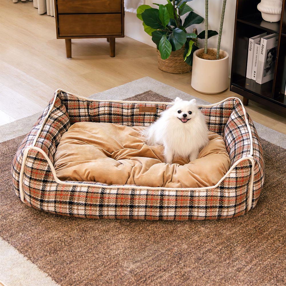 Klassisches Beruhigendes Hundebett im Retro-Karomuster mit abnehmbarer Nackenrolle - Nostalgic Retreat