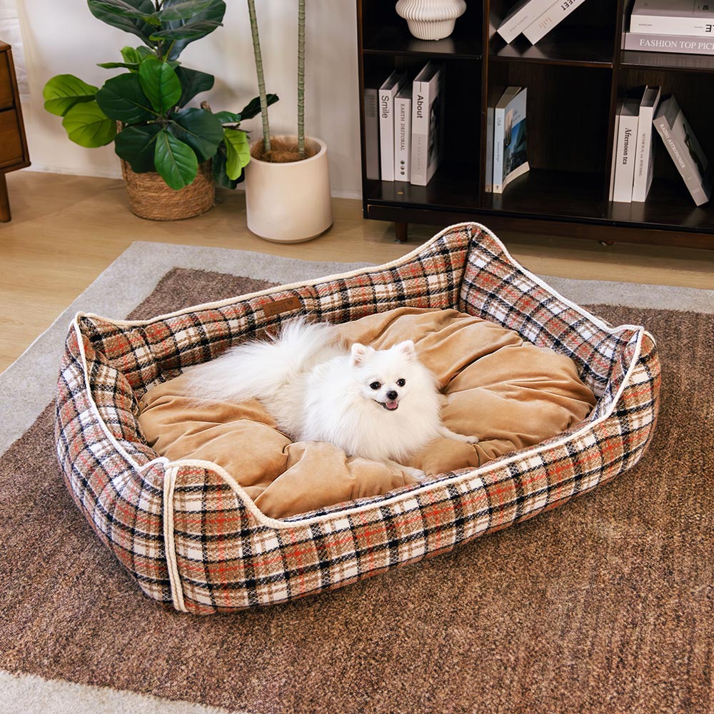 Klassisches Beruhigendes Hundebett im Retro-Karomuster mit abnehmbarer Nackenrolle - Nostalgic Retreat
