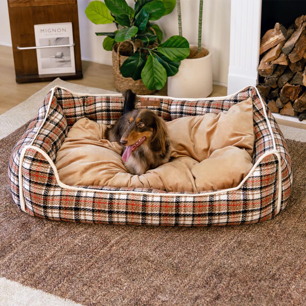 Klassisches Beruhigendes Hundebett im Retro-Karomuster mit abnehmbarer Nackenrolle - Nostalgic Retreat