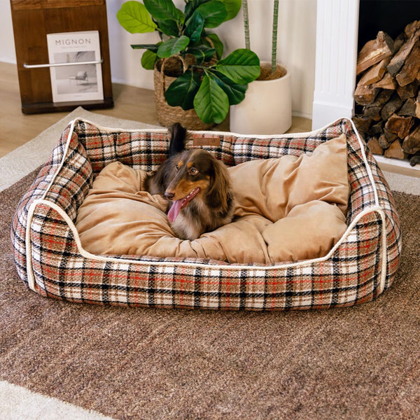 Klassisches Beruhigendes Hundebett im Retro-Karomuster mit abnehmbarer Nackenrolle - Nostalgic Retreat