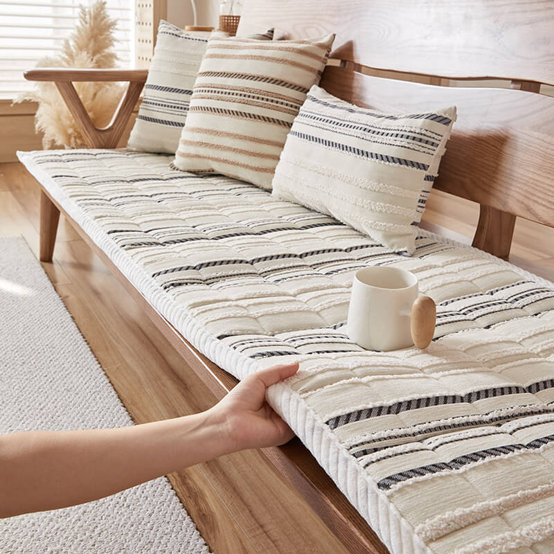 Gemütlicher Chenille gestreifter Plüsch-Sofaschoner, rutschfester Couchschutz für Haustiere