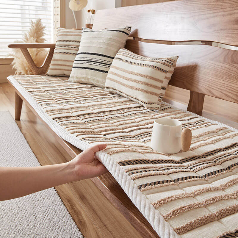Gemütlicher Chenille gestreifter Plüsch-Sofaschoner, rutschfester Couchschutz für Haustiere