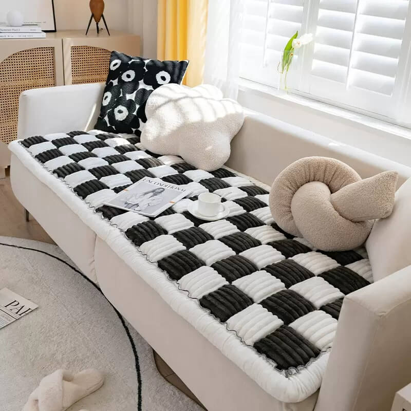 Couverture de canapé de lit de tapis de chien de compagnie floue carrée à grand carreaux de couleur crème
