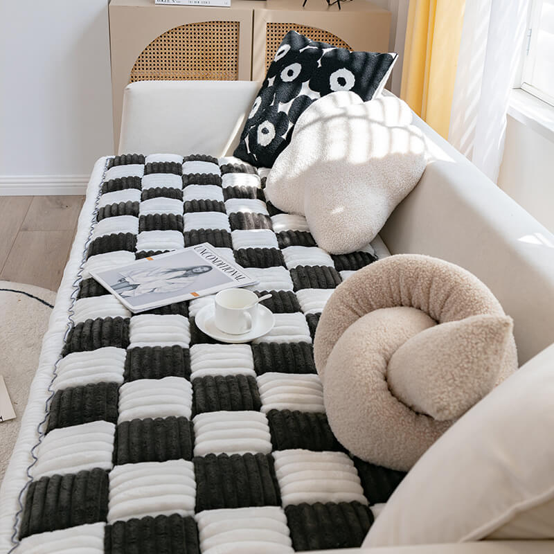 Cremefarbener großer karierten quadratischer fuzzy Haustier Hundematte Bett Ecksofa Couchbezug