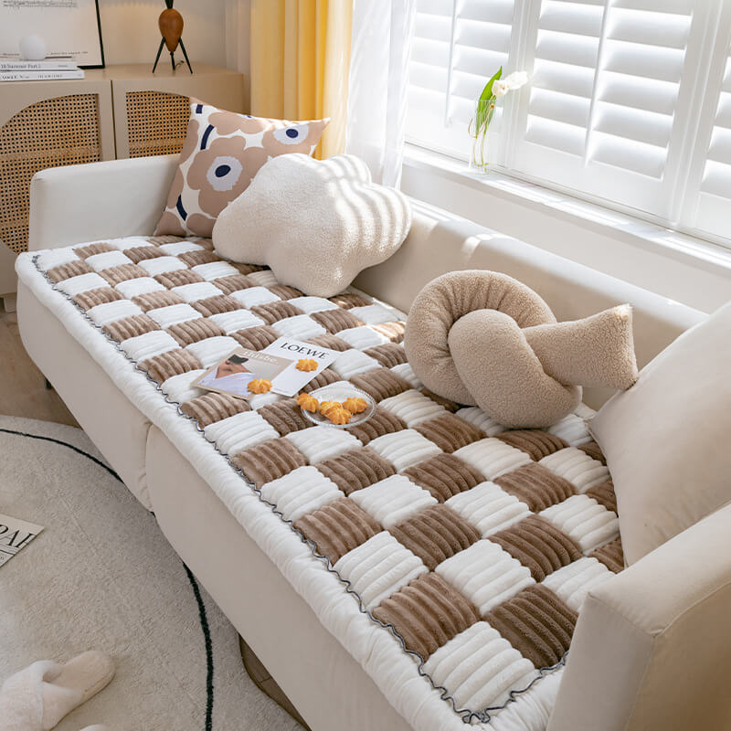 Cremefarbener großer karierten quadratischer fuzzy Haustier Hundematte Bett Ecksofa Couchbezug