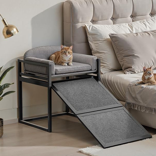 Erhöhtes Haustier-Sofa-Bett mit Treppe und Rampe für das Schlafsofa oder als Fensterplatz für Hunde.