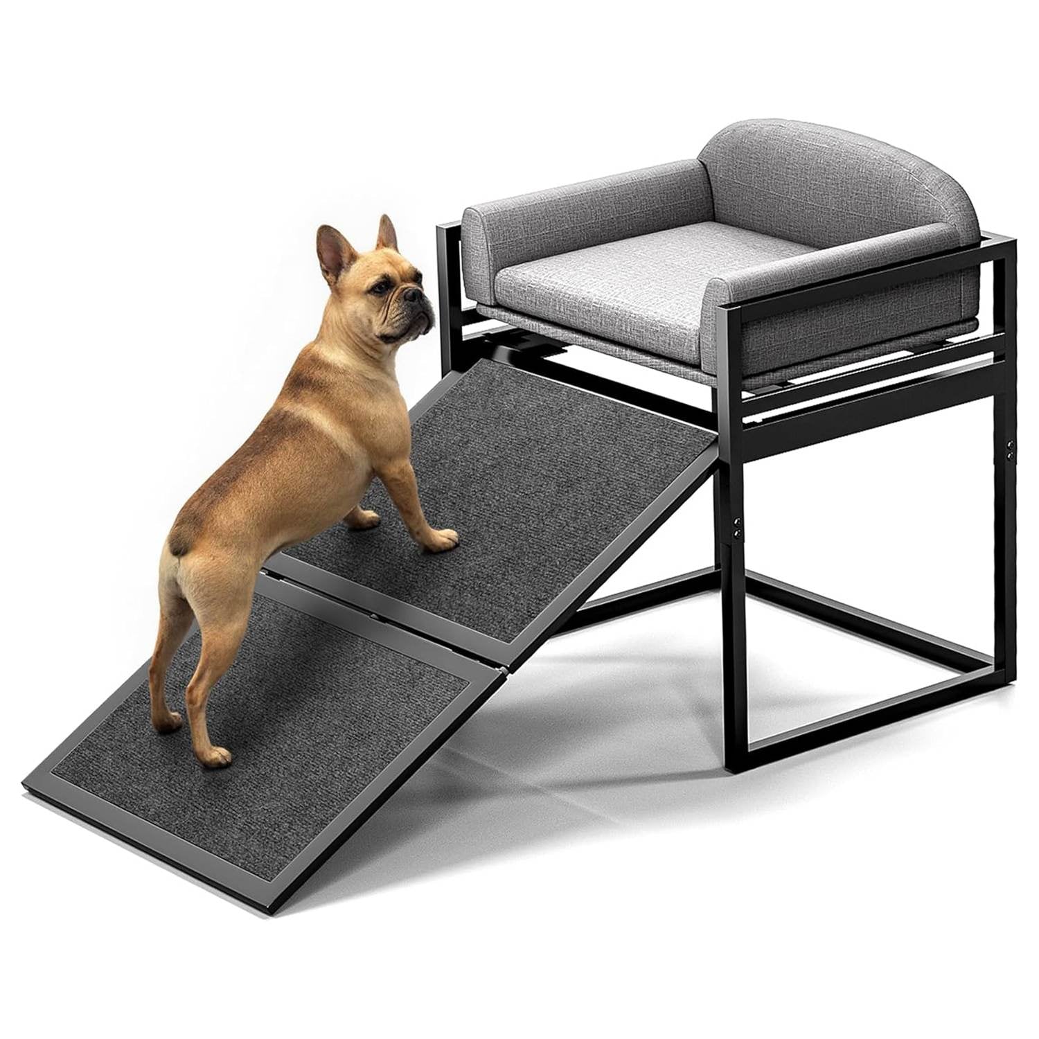 Erhöhtes Haustier-Sofa-Bett mit Treppe und Rampe für das Schlafsofa oder als Fensterplatz für Hunde.