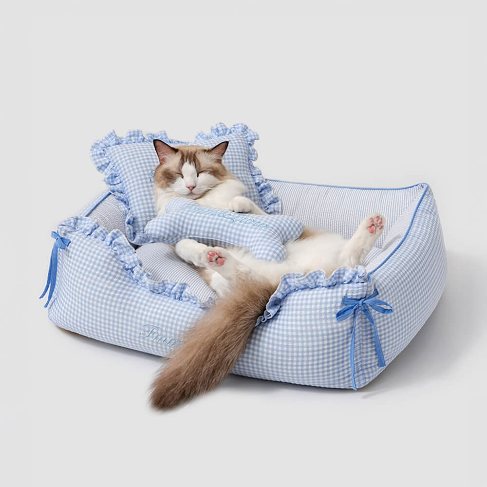 Weicher Gingham waschbarer Hund- und Katzen-Sofabett mit Kissen
