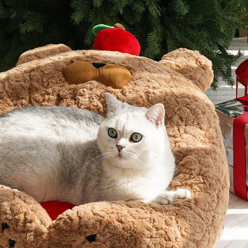 Adorable lit pour chat en peluche en forme de pomme festif